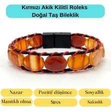 Yıldız Doğal Taş Sertifikalı Kırmızı Akik Kilit Kapama Roleks Doğal Taş Deri Bileklik