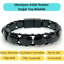 Yıldız Doğal Taş Sertifikalı Obsidyen Kilit Kapama Roleks Doğal Taş Deri Bileklik