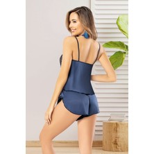 Moda Gonzara Saten Lacivert Şortlu Takım