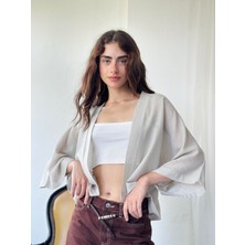 Retrobird Tasarım Dokulu Delikli Mini Kimono Kadın Taş Renkli