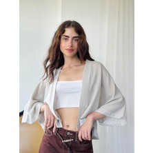 Retrobird Tasarım Dokulu Delikli Mini Kimono Kadın Taş Renkli