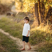 Antebies Lacivert Krem Çizgili Triko Kısa Kollu Beli Lastikli Bağcıklı Şort Erkek Çocuk Takımı