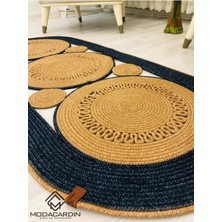 Jüt Hasır Görünümlü Desenli Modern El Örgüsü Oval Halı Kilim