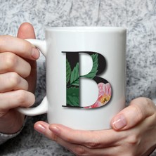 Mor Mürekkep Çiçekli B Harf Baskılı Beyaz Kupa