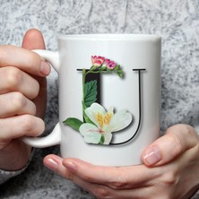 Mor Mürekkep Çiçekli U Harf Baskılı Beyaz Kupa