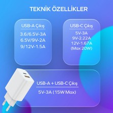 Woyax By Deji Samsung Xiaomi Oppo Huawei Uyumlu 20W Pd Type C Çoklu Hızlı Şarj Aleti ve USB Çıkış & Kablo Beyaz