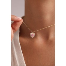 Nereze 925 Ayar Gümüş Gold Kaplama Baget Taşlı Pembe Kalp Kolye