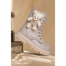 Shoes Bag Ayıcıklı Soğuk Geçirmez Kaymaz Taban Kız Çocuk Bot, Fermuarlı Kız Çocuk Krem Bot, Bej Çocuk Bot