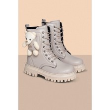Shoes Bag Ayıcıklı Soğuk Geçirmez Kaymaz Taban Kız Çocuk Bot, Fermuarlı Kız Çocuk Krem Bot, Bej Çocuk Bot