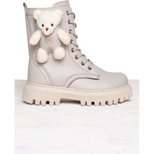 Shoes Bag Ayıcıklı Soğuk Geçirmez Kaymaz Taban Kız Çocuk Bot, Fermuarlı Kız Çocuk Krem Bot, Bej Çocuk Bot