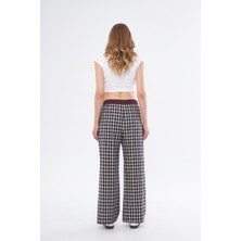 %100 Pamuk Yüksek Bel Ekoseli Boyfriend Pantolon