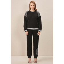 Guitar Yuvarlak Yaka Siyah Üç Iplik Sweatshirt