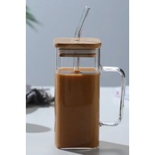 Mis Kitchen 6 Adet Bambu Kapaklı Isıya Dayanıklı Kulplu Cam Bardak 380 ml - Soğuk ve Sıcak Kahve Sunum Bardağı - 6 Adet Cam Pipetli