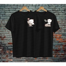 Mythologie Örme Kawaii Cat's Çift Sevgili Kombini T-Shirt - Siyah Baskılı Oversize Bisiklet Yaka Kısa Kol Kısa