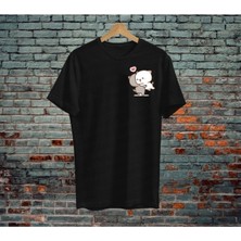 Mythologie Örme Kawaii Cat's Çift Sevgili Kombini T-Shirt - Siyah Baskılı Oversize Bisiklet Yaka Kısa Kol Kısa