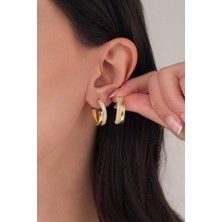 TMT Silver 20 mm Gümüş Altın Kaplama Beyaz Zirkon Taşlı Yarım Halka Küpe