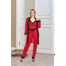 3'lü İnce Askılı Dantelli S/M-L/XL Beden Siyah Puantiyerli Yumuşak Kadın Sabahlık Pijama Takımı
