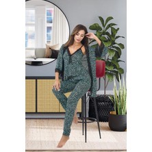 3'lü İnce Askılı Dantelli S/M-L/XL Beden Kadın Sabahlık Seti Desenli