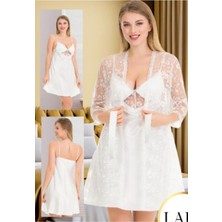 Beyaz Brodeli S-M-L-XL Beden Mini Boy Saten 2 Parça Sabahlık