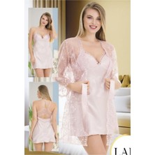 Pudra Brodeli Sırt Detaylı S-M-L-XL Beden Mini Boy Saten 2 Parça Sabahlık