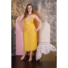 Göz Alıcı 2X-3X-4XL Büyük Beden Battal Gecelik Sabahlık Sarı Transparan İnce Askılı Kadın