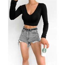 Be Chic Kadın Uzun Kollu V Yaka Crop Bluz BLZ7249