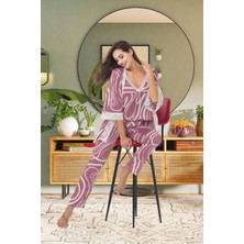 İnce Askılı Toz Pembe Desenli 3'lü S/M-L/XL Beden Kadın Sabahlık Pijama Takımı Seti