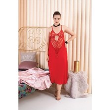 Göz Alıcı Battal 2X-3X-4XL Büyük Beden Gecelik Sabahlık Kırmızı Transparan İnce Askılı Kadın Gecelik