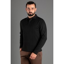 Zeki Özer Erkek Siyah Dokulu Çizgili Polo Triko Kazak