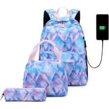 Kız Çocuk 3'lü Okul Çanta Seti: USB Şarj Girişli, Laptop Koruma Bölmeli Sırt Çantası Mor OSÇ2036