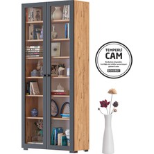 Dekorex KTP211-C-ANTRASIT 2 Cam Kapaklı 6 Raflı Yüksek Kitaplık