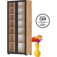 Dekorex KTP211-C-ANTRASIT 2 Cam Kapaklı 6 Raflı Yüksek Kitaplık