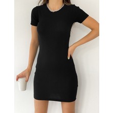 Fav Style Kadın Kaşkorse Bisiklet Yaka Kısa Kollu Fitilli Mini Elbise Siyah