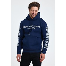 Tarz Cool Erkek Yazı Baskılı Regular 3 Iplik Şardonlu Kapüşonlu Sweatshirt