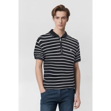 Sunfyre Çizgili Nakışlı Logolu Fermuarlı Slim Fit Polo Yaka Kısa Kollu Erkek T-Shirt