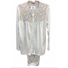 NENA-24576-Kadın Uzun Kollu Önden Açık Robalı  Pamuk Viskon Pijama Takımı