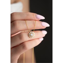 Nereze 925 Ayar Gümüş Gold Kaplama Işıltılı Tektaş Güneş Kolye