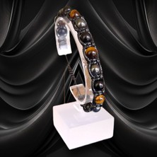 İkizler Doğaltaş Kaplangözü Oniks ve Hematit Doğal Taş Makrome Deri Bileklik