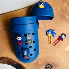 Birikiyedi Lacivert Silikon Crocs Süslü Kalem Kutusu 6 Li Crocs ve Ataç Set  Superman,sonic,batman