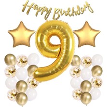 Balon Diyarı Gold Konsept 9 Yaş Doğum Günü Kutlama Seti + balon bandı