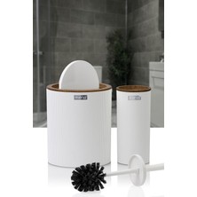 Okyanus Home Mina Beyaz Ahşap Desenli Çizgili Yuvarlak 2'Li Wc Kova Ve Fırça Seti