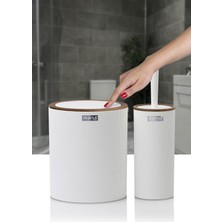 Okyanus Home Mina Beyaz Ahşap Desenli Çizgili Yuvarlak 2'Li Wc Kova Ve Fırça Seti