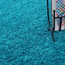 Carpettex Yuvarlak Shaggy Halı 30 mm Uzun ve Yüksek Tüylü Düz Mavi Renkli