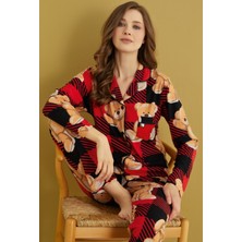 Kadın Gömlek Yaka Önden Düğmeli Saten Biyeli Göğüs Cepli Süet Kışlık Uzun Kol Pijama Takımı