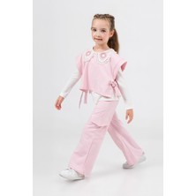 Miniğimin Cicileri Yaka Dantel Detaylı Bağlamalı 3 Lü Cepli Kız çocuk takım Pembe