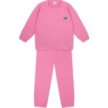 Antebies Pembe Balıksırtı Kalp Nakışlı Triko Beli Lastikli Bağcıklı Kız Çocuk Kazak Eşofman Takımı