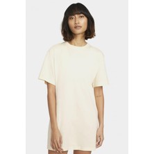 Nike Sportswear Organic Cotton Short Sleve Dress Nakış Swooslu Elbise Krem
