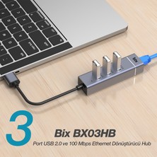 Bix BX03HB 3 Port USB 2.0 ve 10/100Mbps RJ45 Ethernet Dönüştürücü HUB Çoklayıcı Adaptör