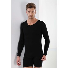 Siyah Erkek Badi Uzun Kollu Tişört Fanila V Yaka Basic %100 Pamuk Ribana