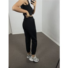 Siyah Yüksek Bel Şardonlu Jogger Eşofman L
